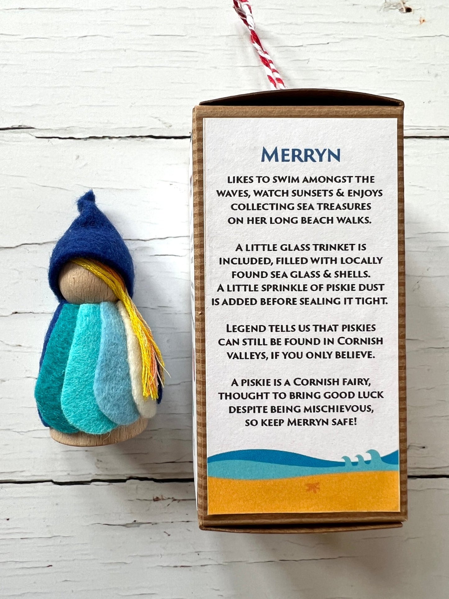 Merryn Cornish Piskie doll—handmade felt fairy with sea glass bottle, beach scroll, and coastal charm