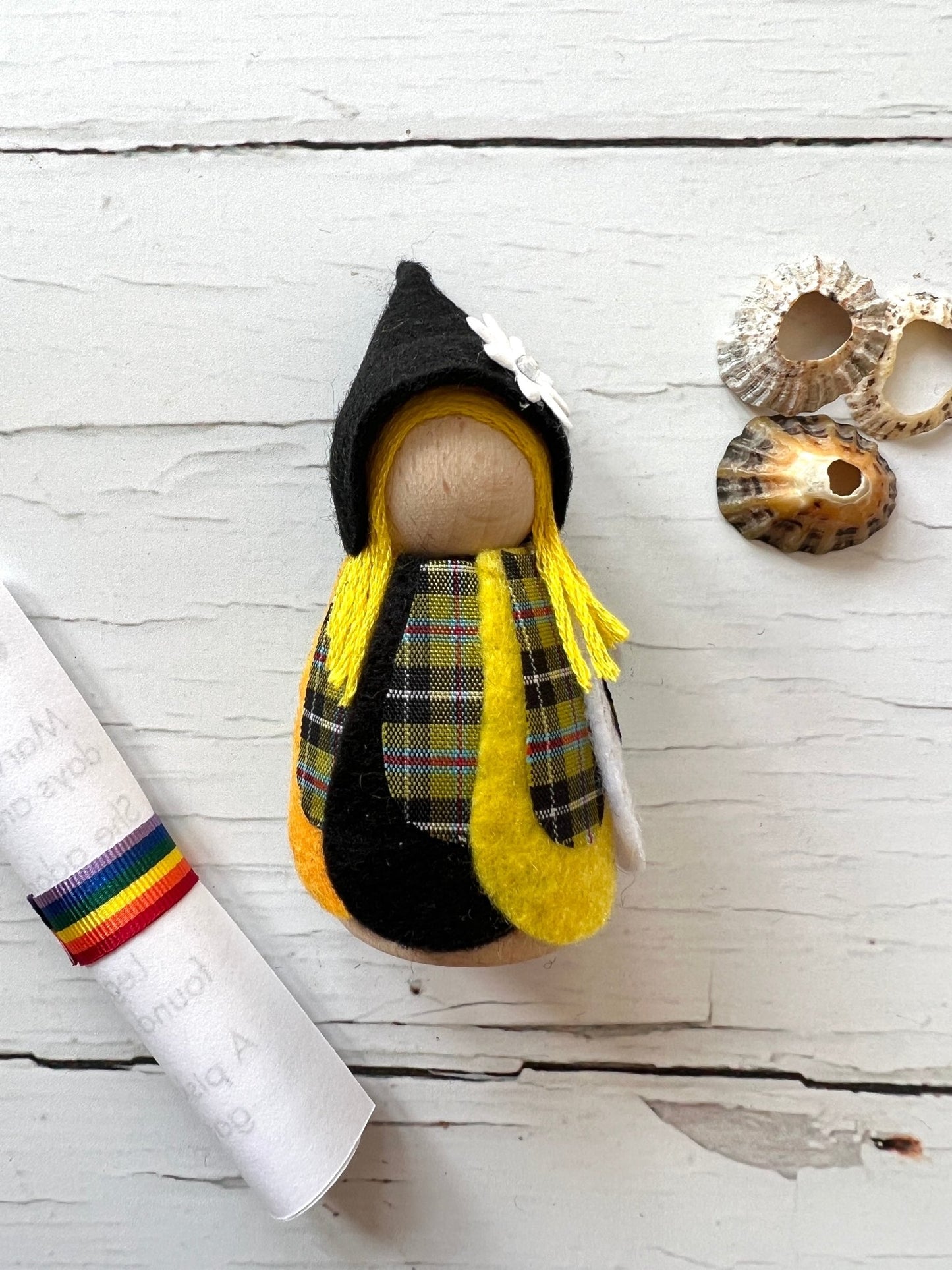 Morwenna Cornish piskie—handmade felt fairy doll with Celtic charm, rainbow scroll, and natural seashells