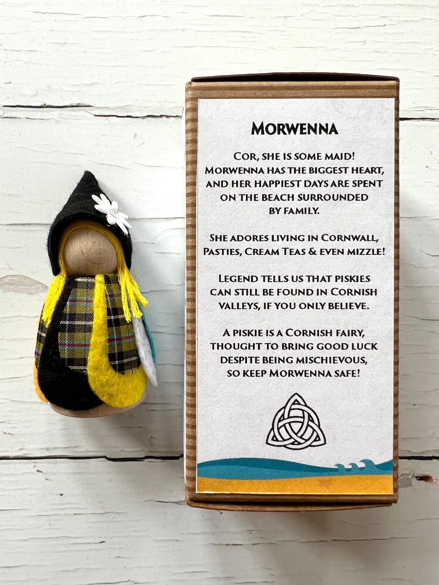 Morwenna Cornish piskie—handmade felt fairy doll with black hat, plaid dress, scroll, and beach-themed charm