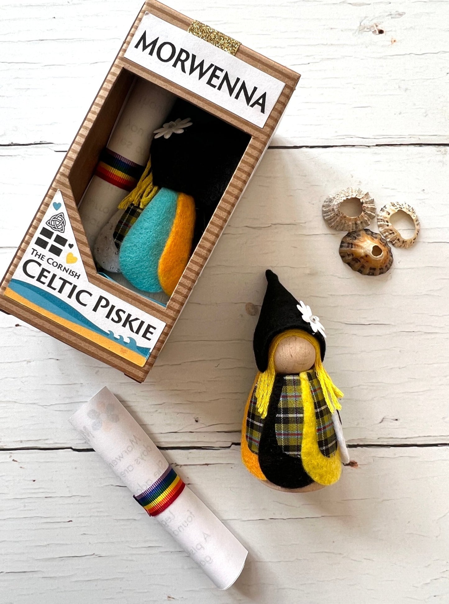 Morwenna Cornish piskie felt doll—handmade Celtic folklore ornament with scroll, hat, and seashell accents