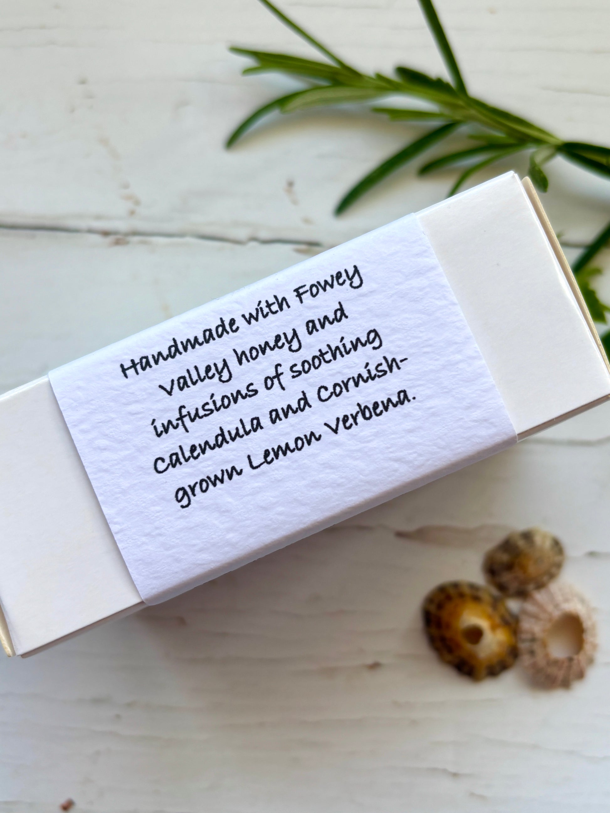 natural soap with Fowey Valley honey, soothing calendula, and Cornish Lemon Verbena handmade, gentle skincare ingredients