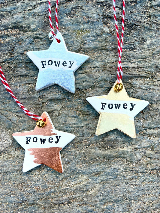 Handmade gold/silver/copper leaf Fowey star Christmas tree decoration - Readymoney Beach Shop