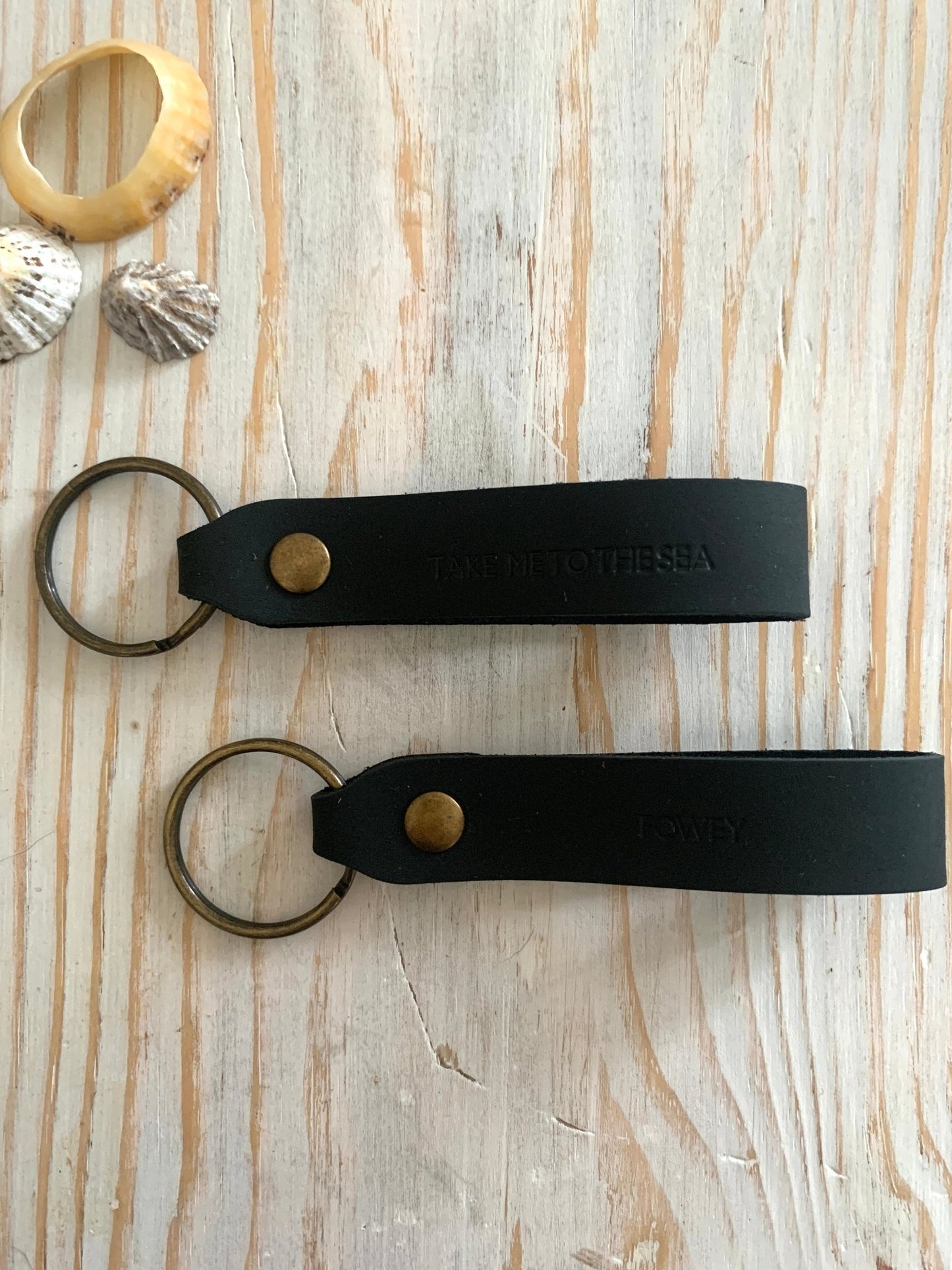 handmade dark brown leather keyring—brass ring, coastal “Take Me to the Sea” stamp, Fowey nautical gift