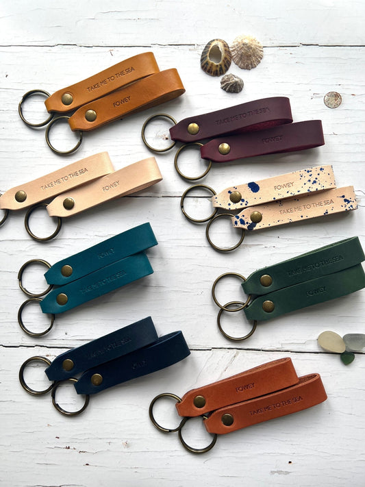 Handmade Stamped Leather Keyring: Fowey or Take Me To The Sea - Readymoney Beach Shop