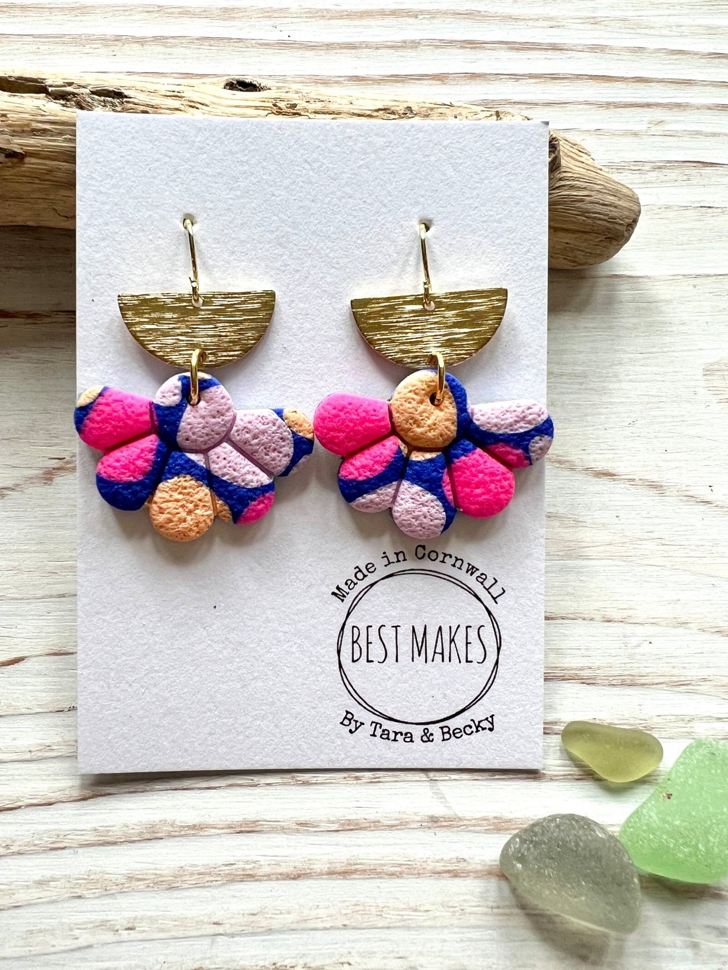 handmade fan earrings—gold half-circle tops with colorful petal dangles, vibrant artisan gift from Cornwall