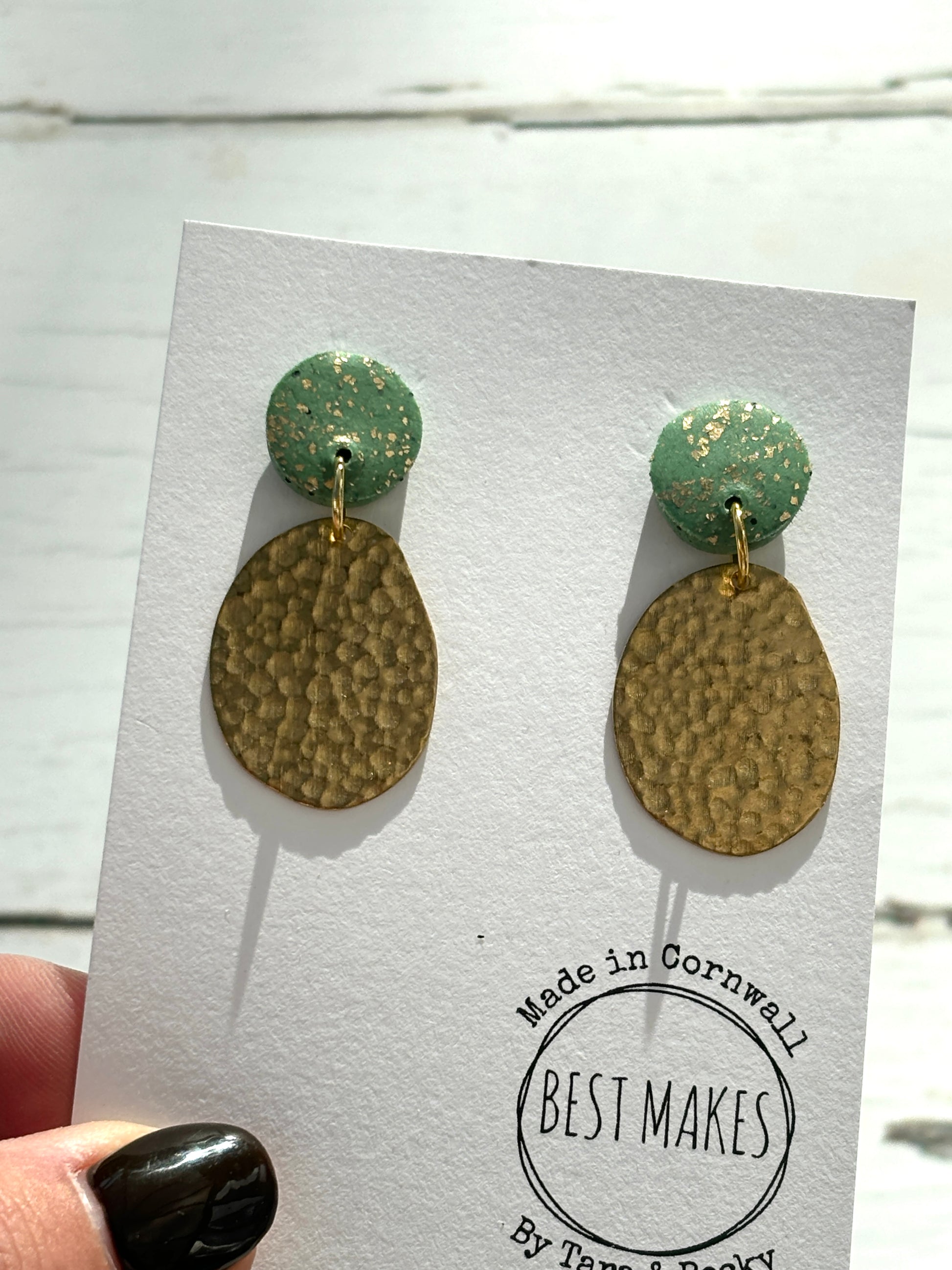 handmade gold statement earrings—hammered brass dangles with mint flecked studs, artisan gift from Cornwall
