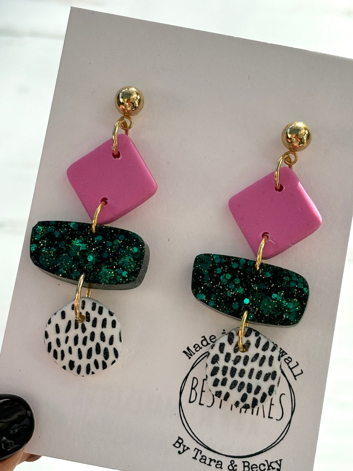handmade statement earrings—pink diamond, green glitter, and white dot dangles with gold studs, bold artisan gift