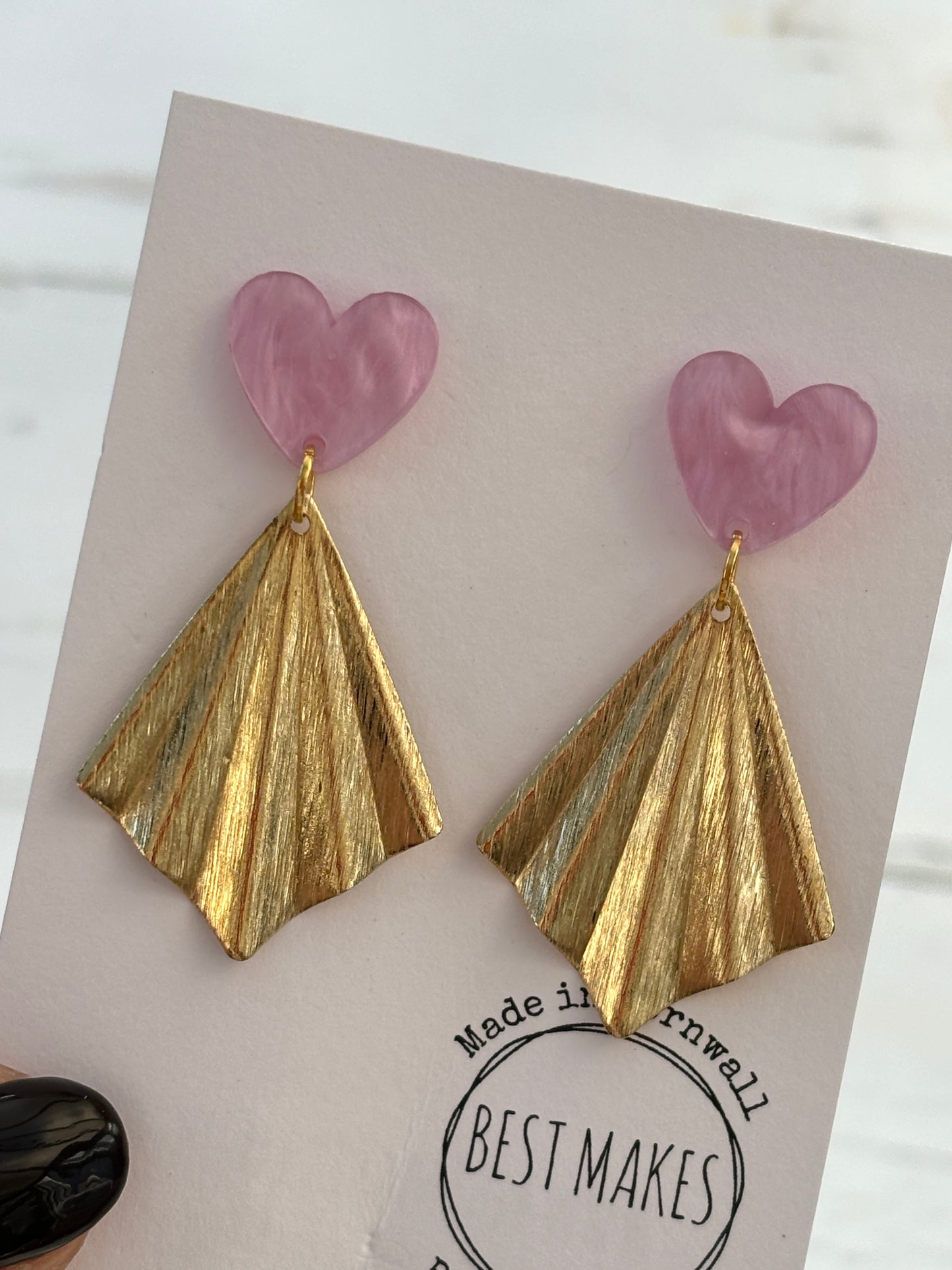 handmade pink heart earrings—translucent studs with gold fan dangles, romantic artisan gift from Cornwall