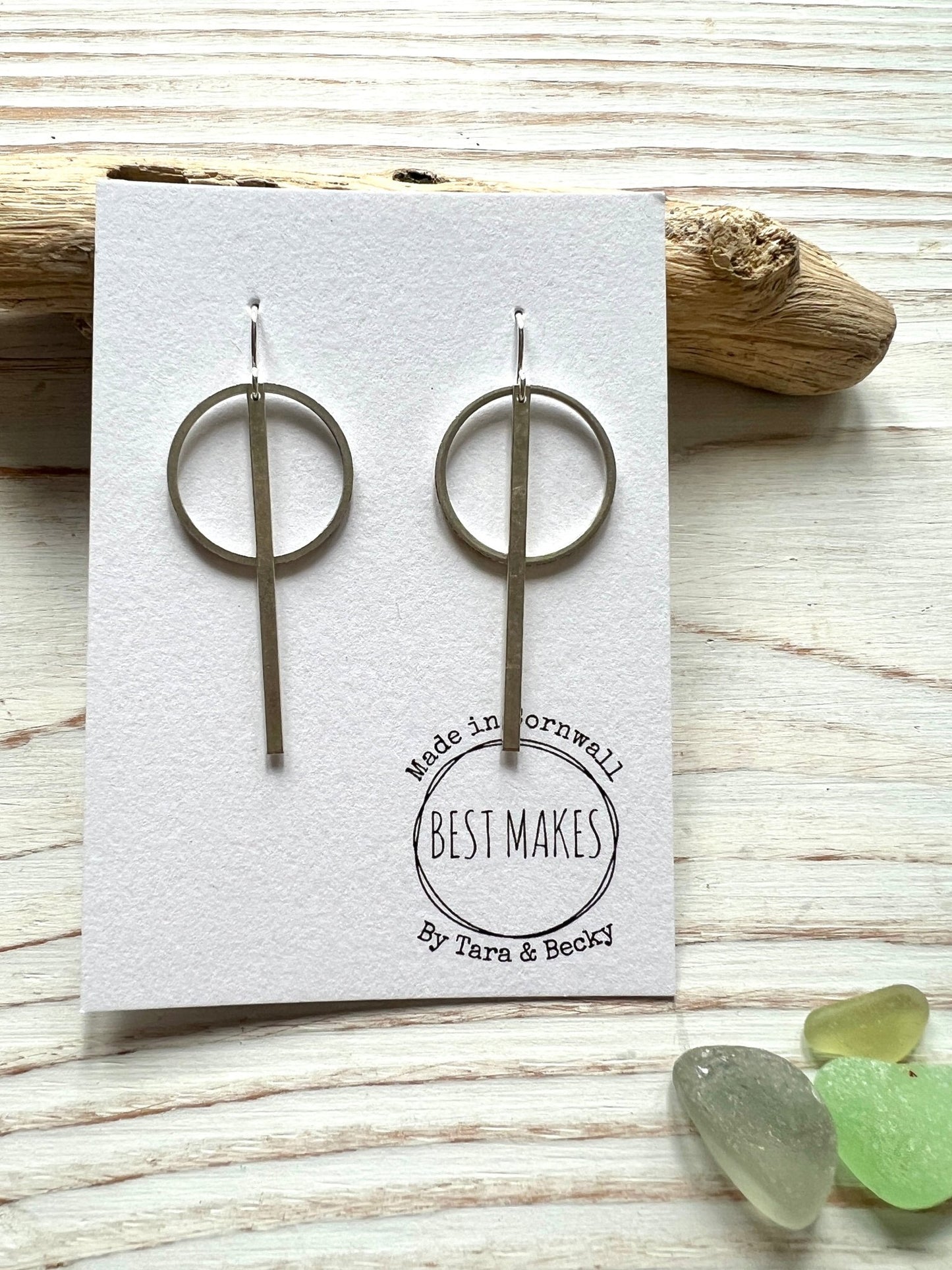 handmade minimalist drop earrings—silver hoops with vertical bar dangles, modern artisan gift from Cornwall