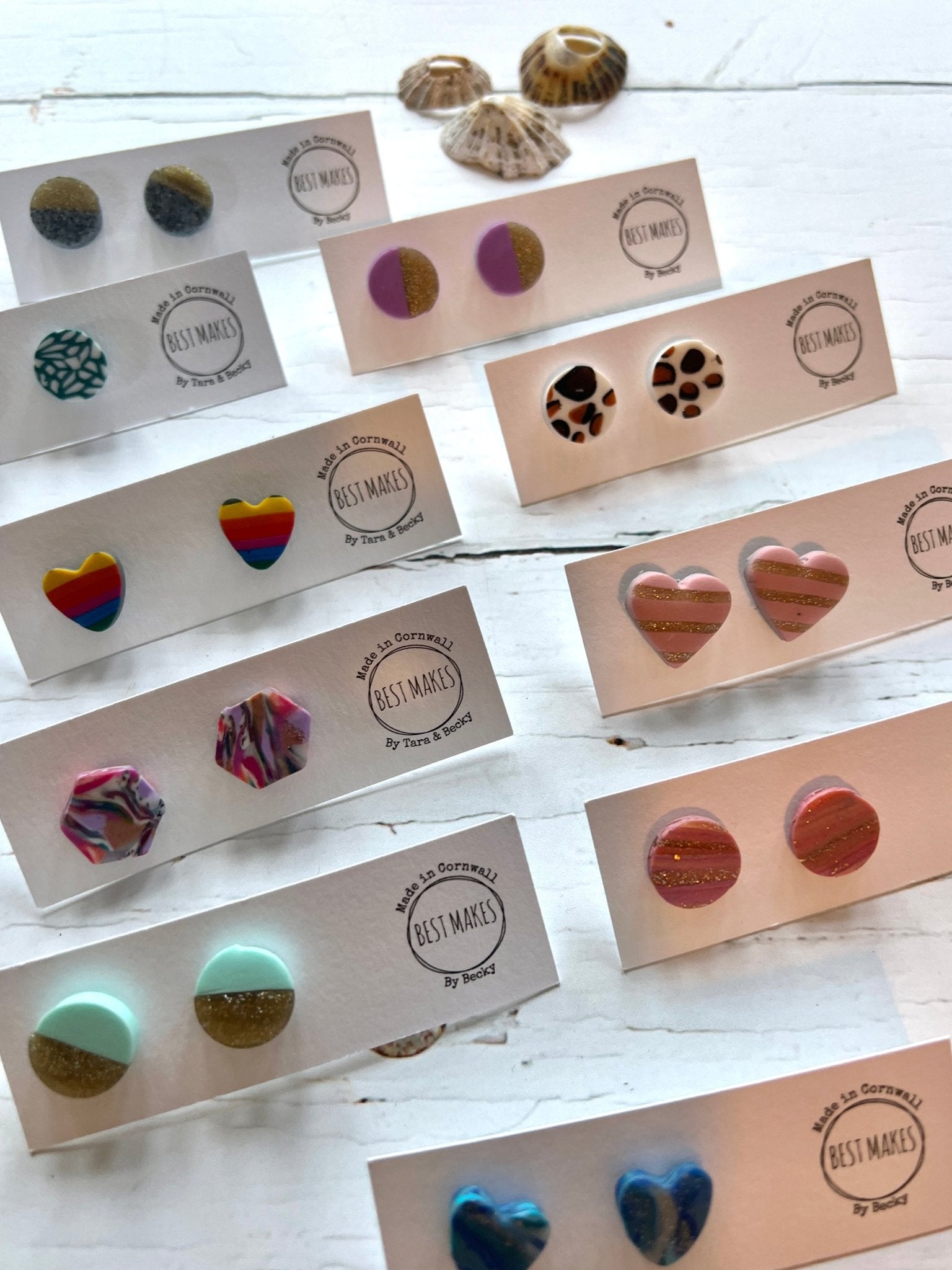 handmade stud earrings—glitter, marbled, animal print, and rainbow designs, bold artisan gift collection from Cornwall