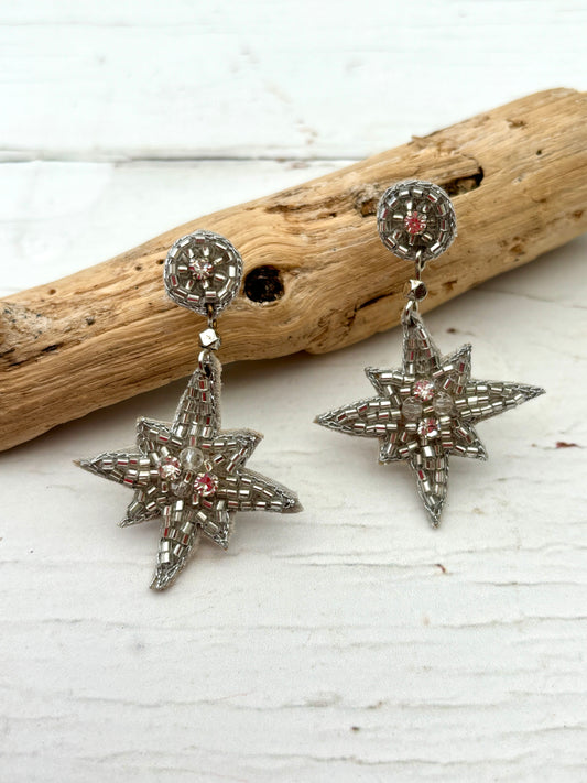 handmade silver star beaded earrings