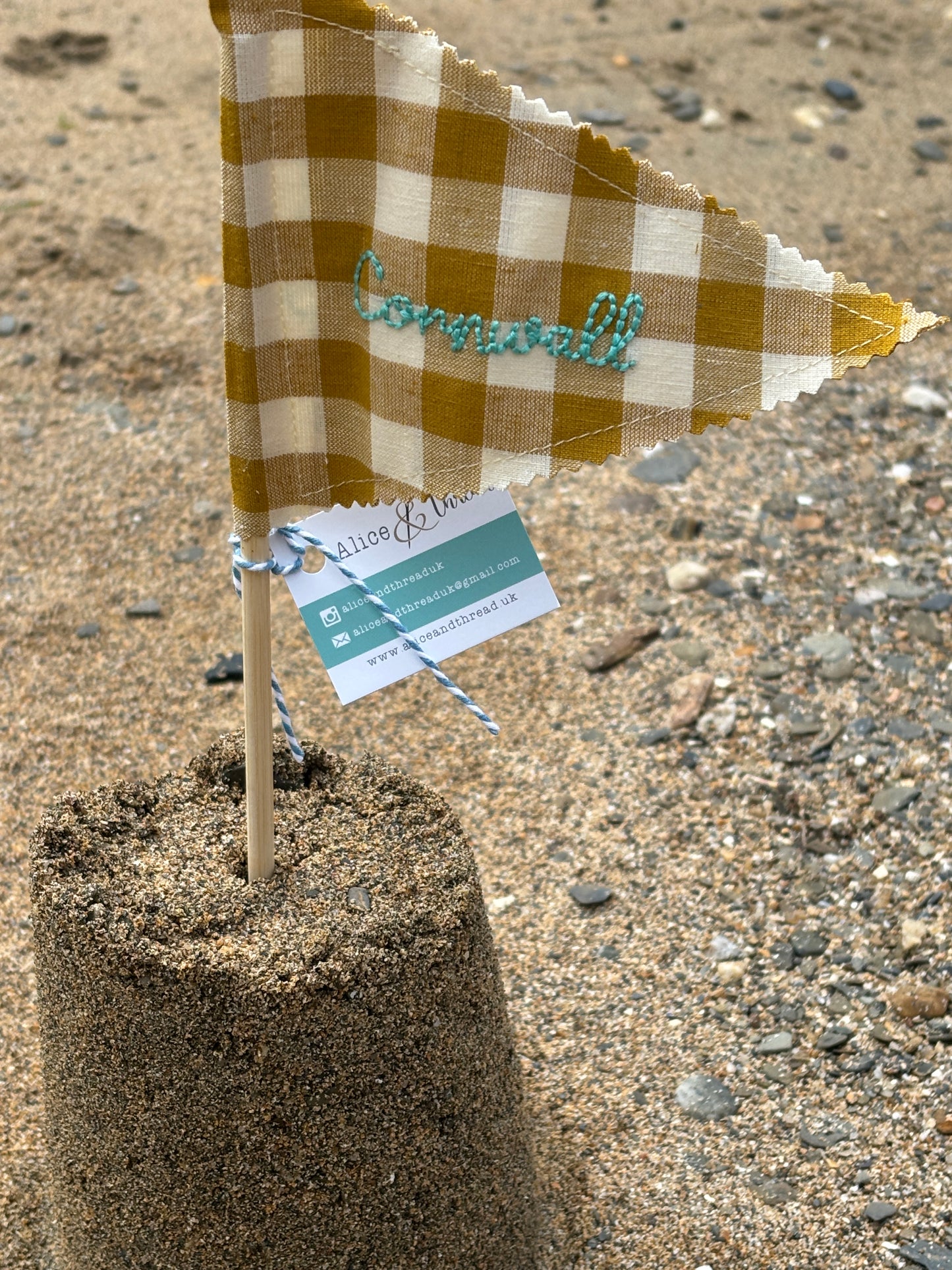 Handmade Embroidered Fowey & Cornwall Sandcastle Fabric Flags