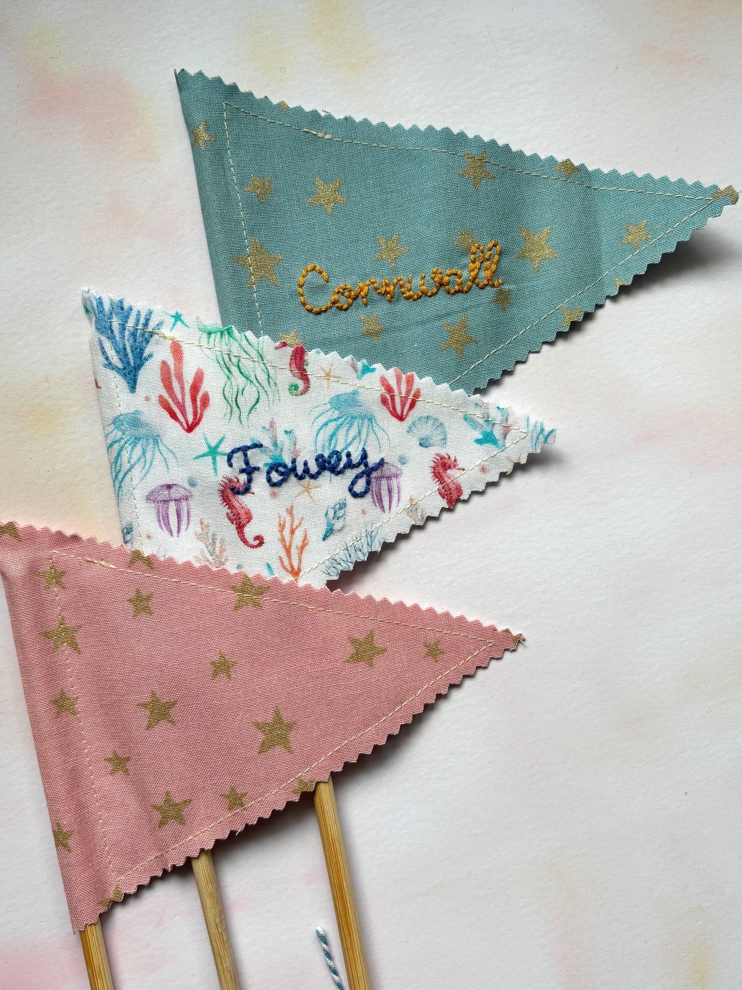 Handmade Embroidered Fowey & Cornwall Sandcastle Fabric Flags