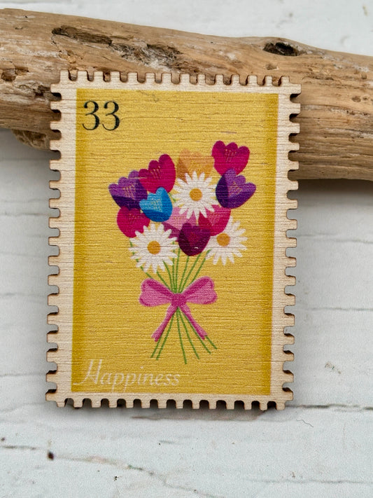 Happiness Bunch of Flowers Wooden Stamp Pin