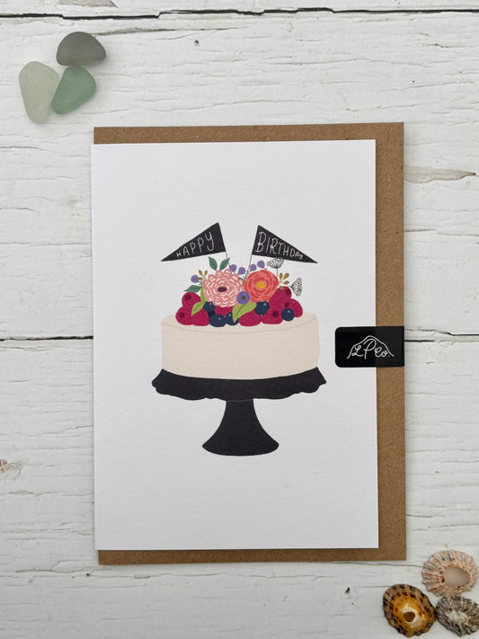 Happy Birthday card featuring an illustration of a floral/berry cake with flag toppers hand-drawn artwork on a kraft envelope celebration greeting card