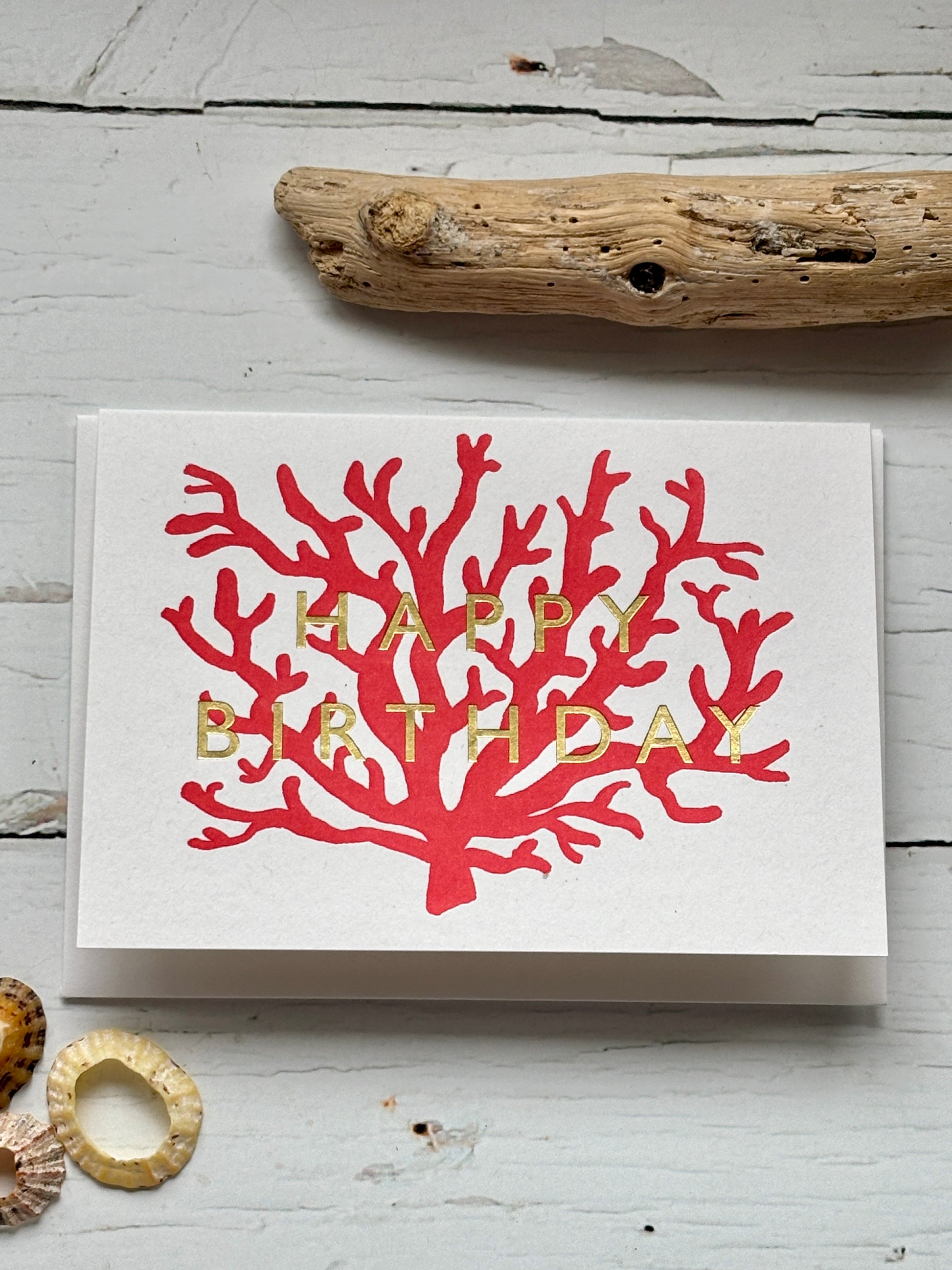 coral birthday card—red reef illustration with gold foil text, perfect for ocean lovers and coastal-themed celebrations