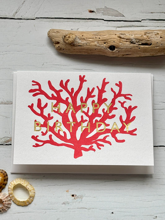 coral birthday card—red reef illustration with gold foil text, perfect for ocean lovers and coastal-themed celebrations