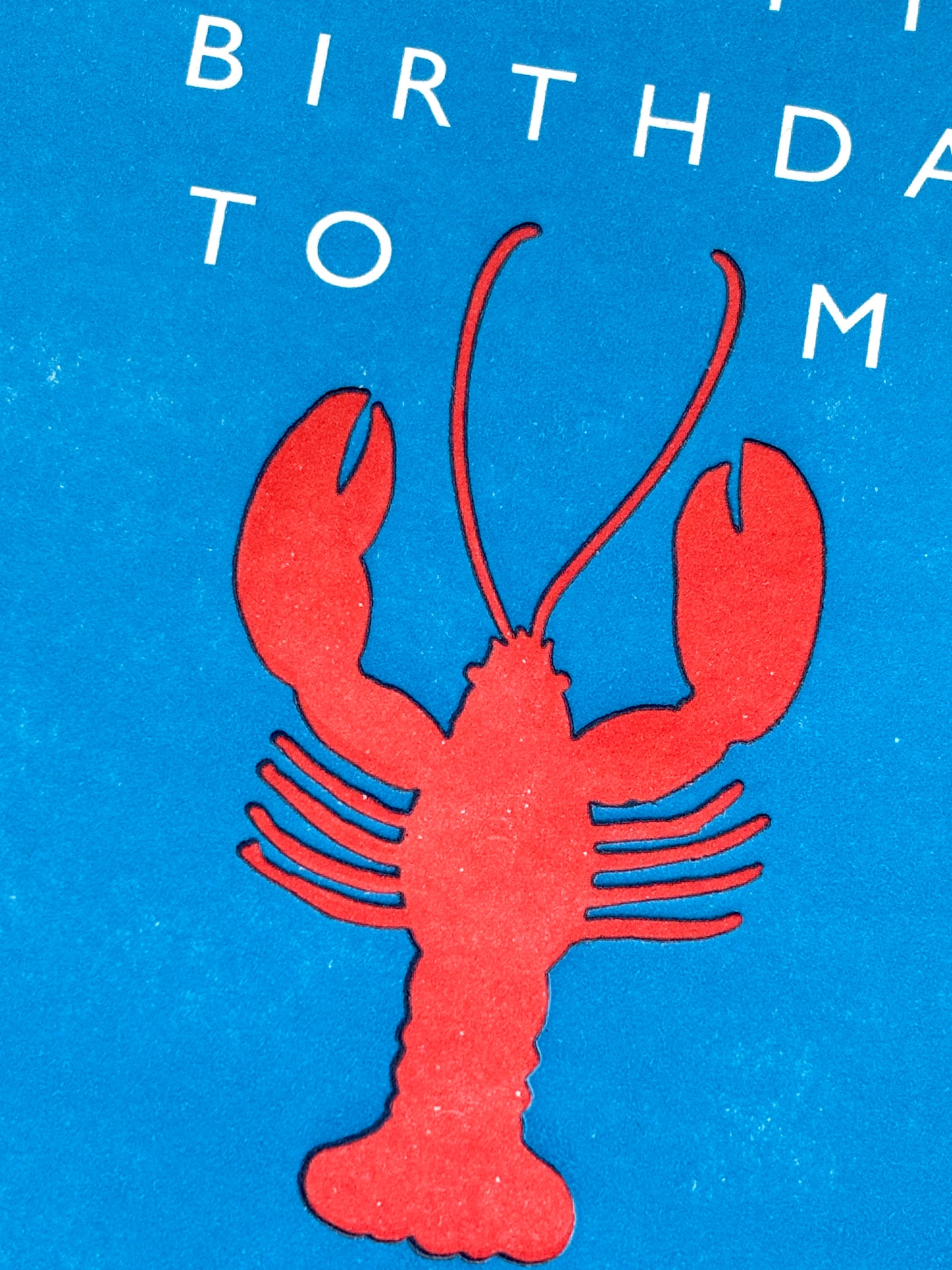 closeup shot of lobster birthday card with red lobster on blue, playful romantic design for coastal gifting and ocean-loving couples