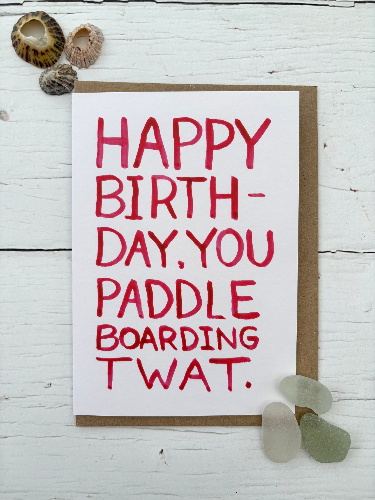 funny paddleboarding birthday card—bold sweary message for beach lovers with cheeky humor, handmade coastal gift