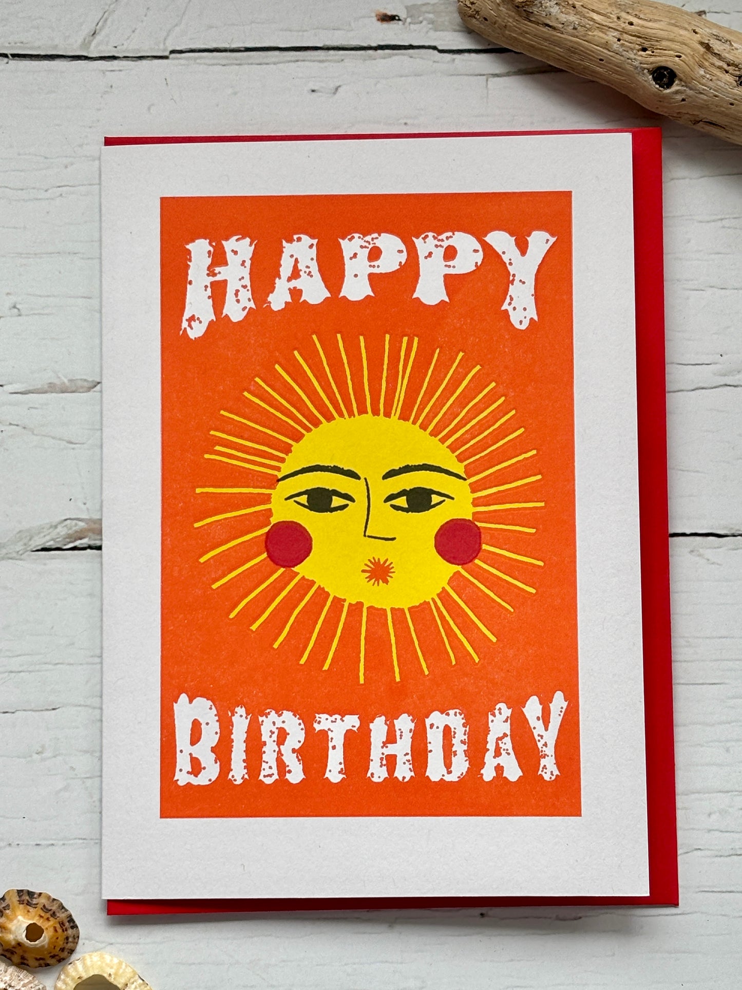 sunshine birthday card—bold sun face on orange with white text, perfect for cheerful gifting and coastal-inspired celebrations