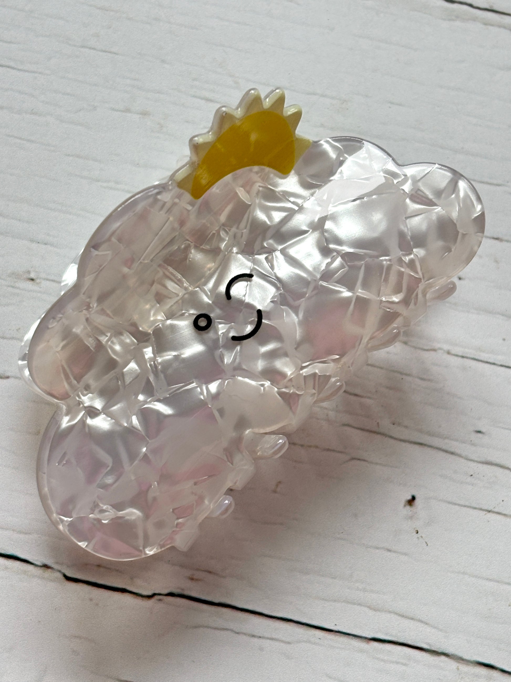 novelty happy cloud and sun hair claw clip in white iridescent acrylic kawaii weather hair accessory, cute gift for hair