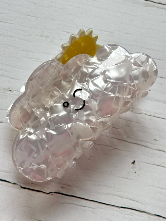 novelty happy cloud and sun hair claw clip in white iridescent acrylic kawaii weather hair accessory, cute gift for hair