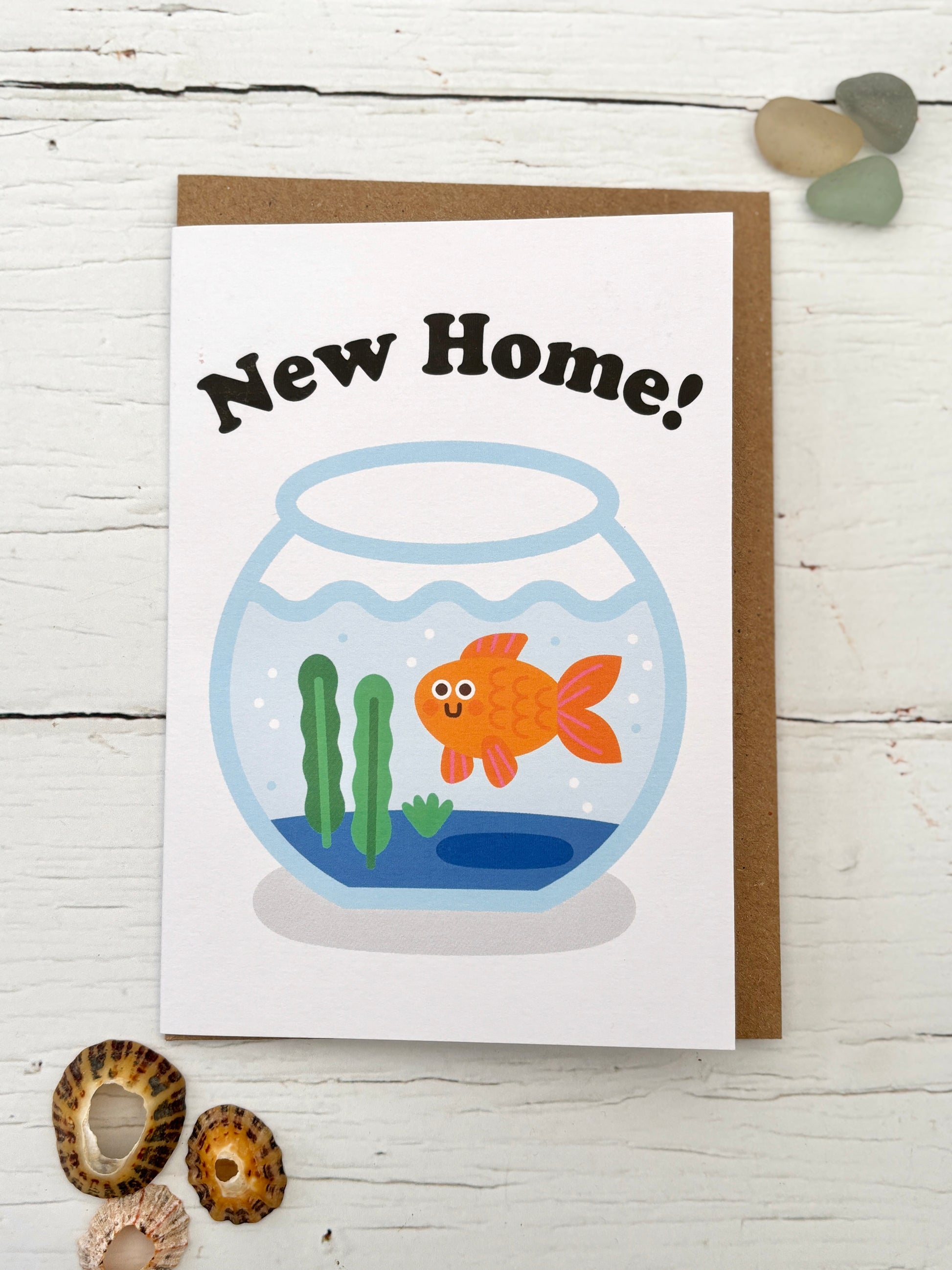 funny goldfish new home card—cartoon fishbowl design, playful handmade housewarming gift with coastal charm