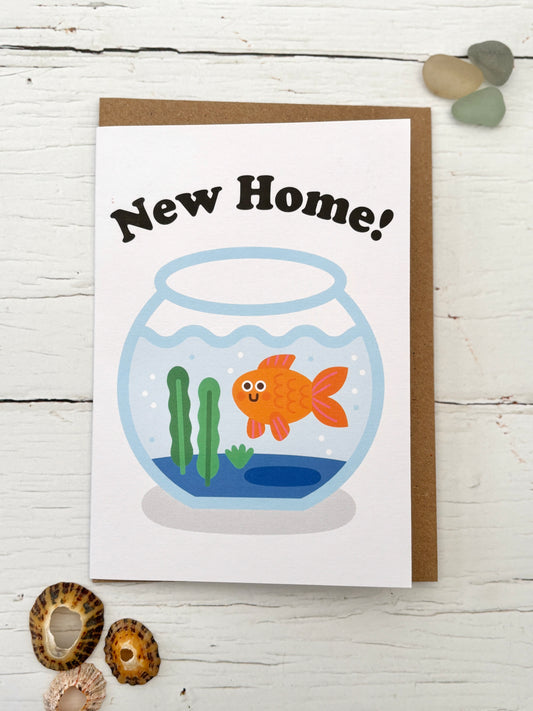 funny goldfish new home card—cartoon fishbowl design, playful handmade housewarming gift with coastal charm