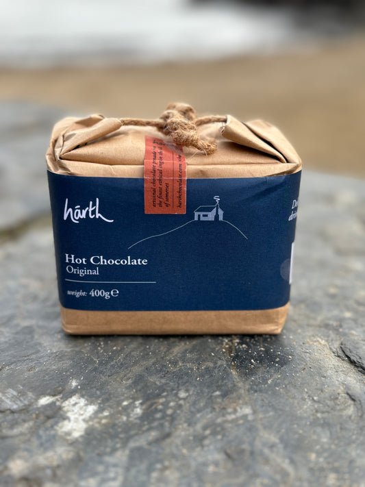 harth artisan hot chocolate—400g eco-wrapped bag with navy label, handmade ethical gift with coastal packaging