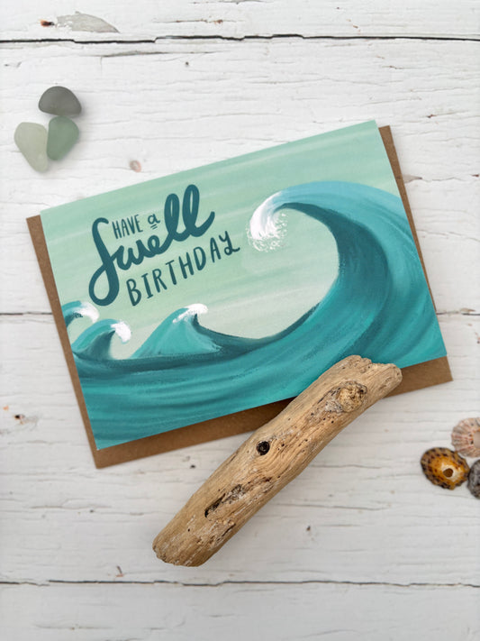 swell birthday card—ocean wave illustration, coastal-themed handmade stationery with beachy charm and sea glass accents