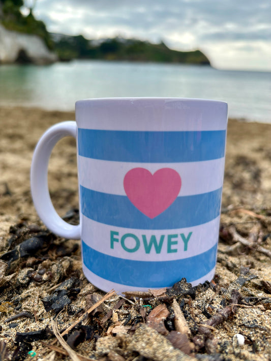 Fowey striped mug—blue and white ceramic with pink heart, coastal giftware perfect for seaside lovers and Cornwall fans