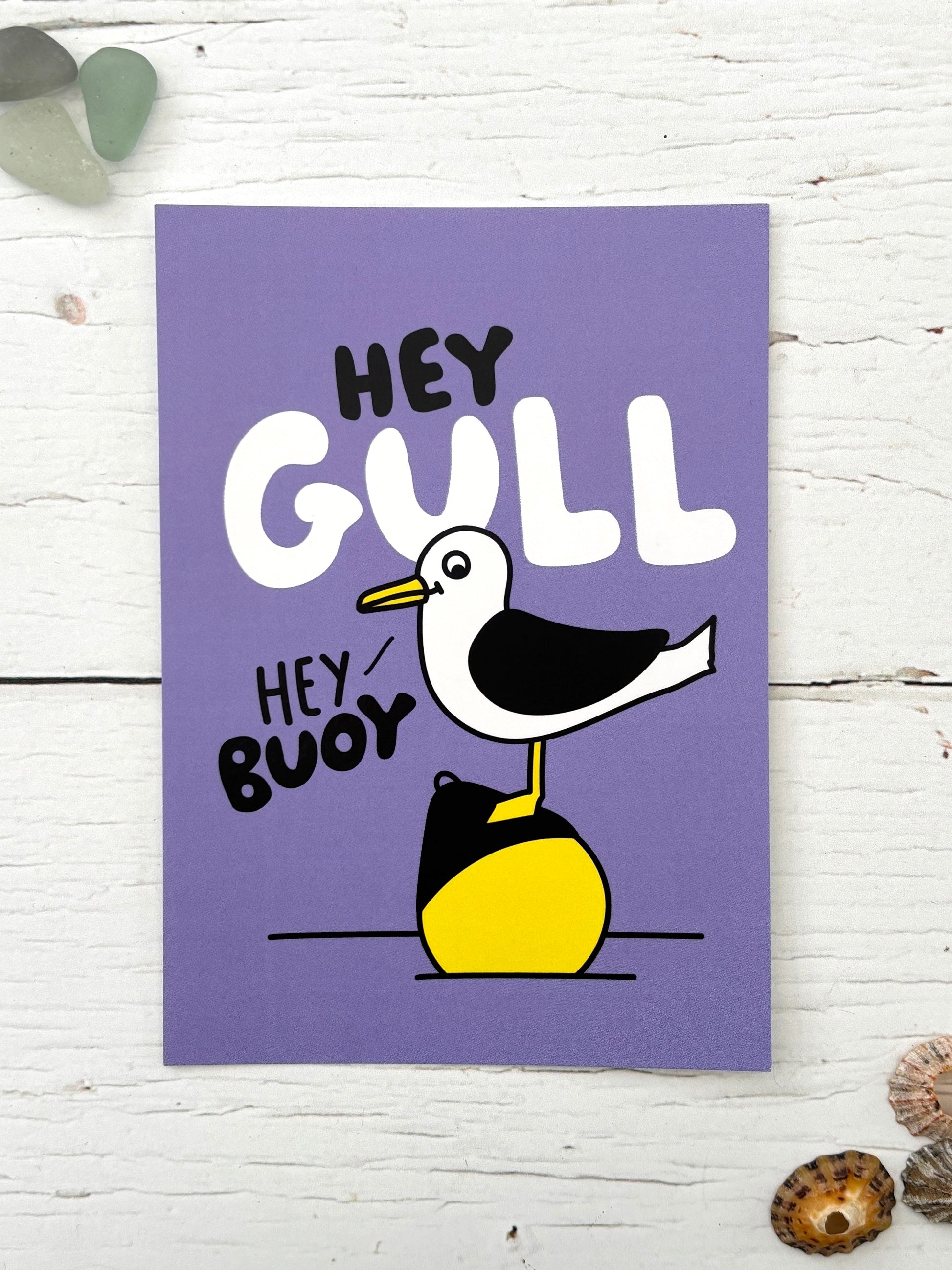 nautical pun postcard—“Hey Gull Hey Buoy” seagull and buoy illustration, playful coastal-themed greeting card