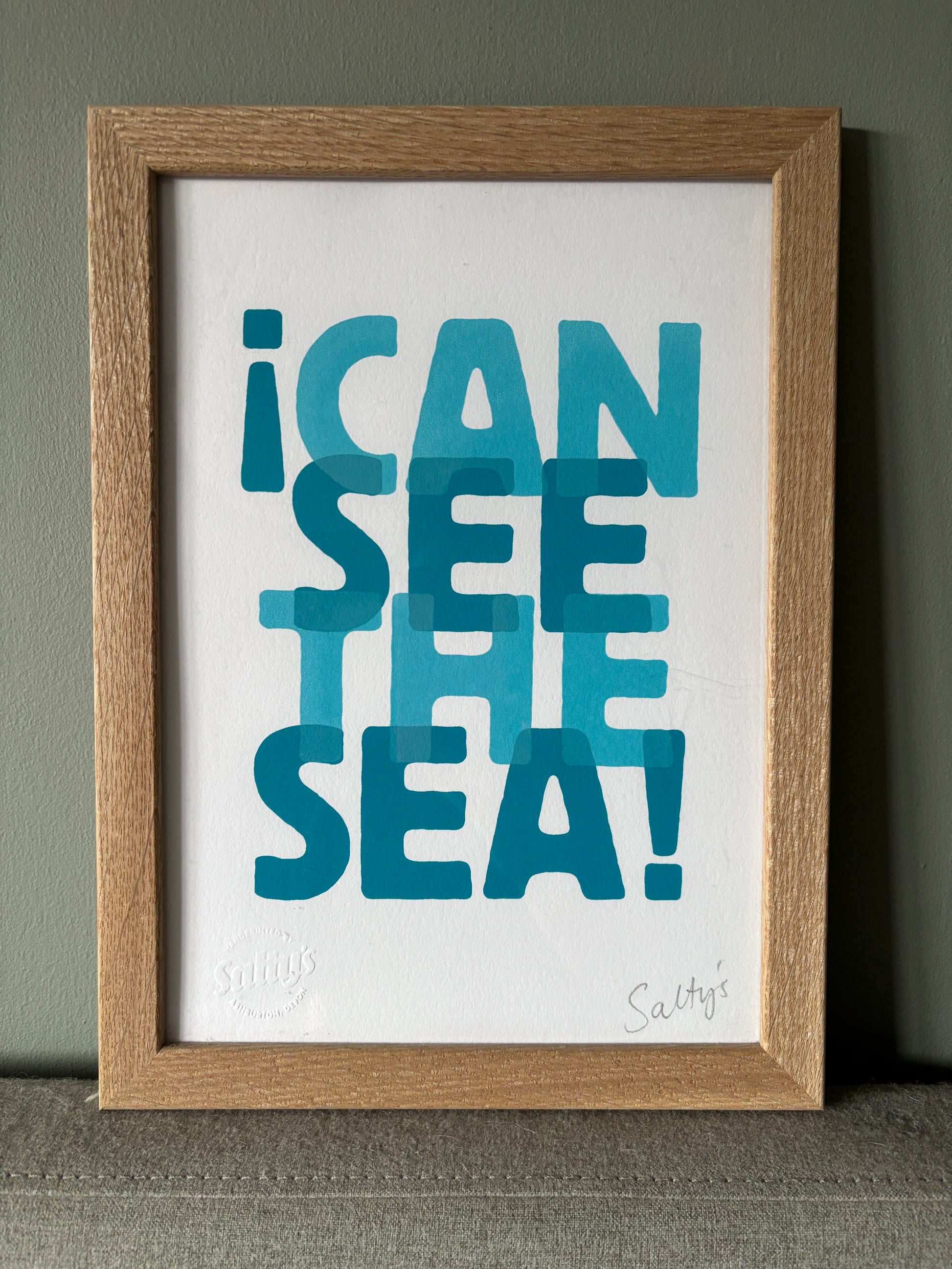 “I Can See the Sea” A4 print—bold blue typography, coastal wall art with playful seaside vibe, perfect for beach lovers