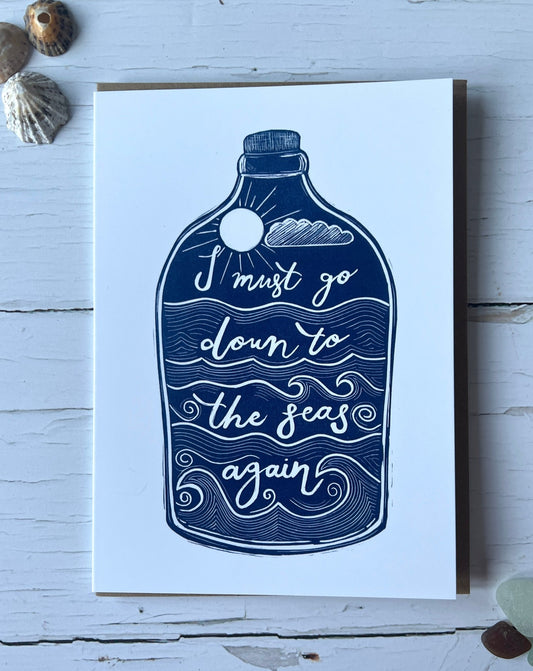 coastal greeting card with nautical bottle design and sea quote—handmade ocean-themed stationery for sea lovers