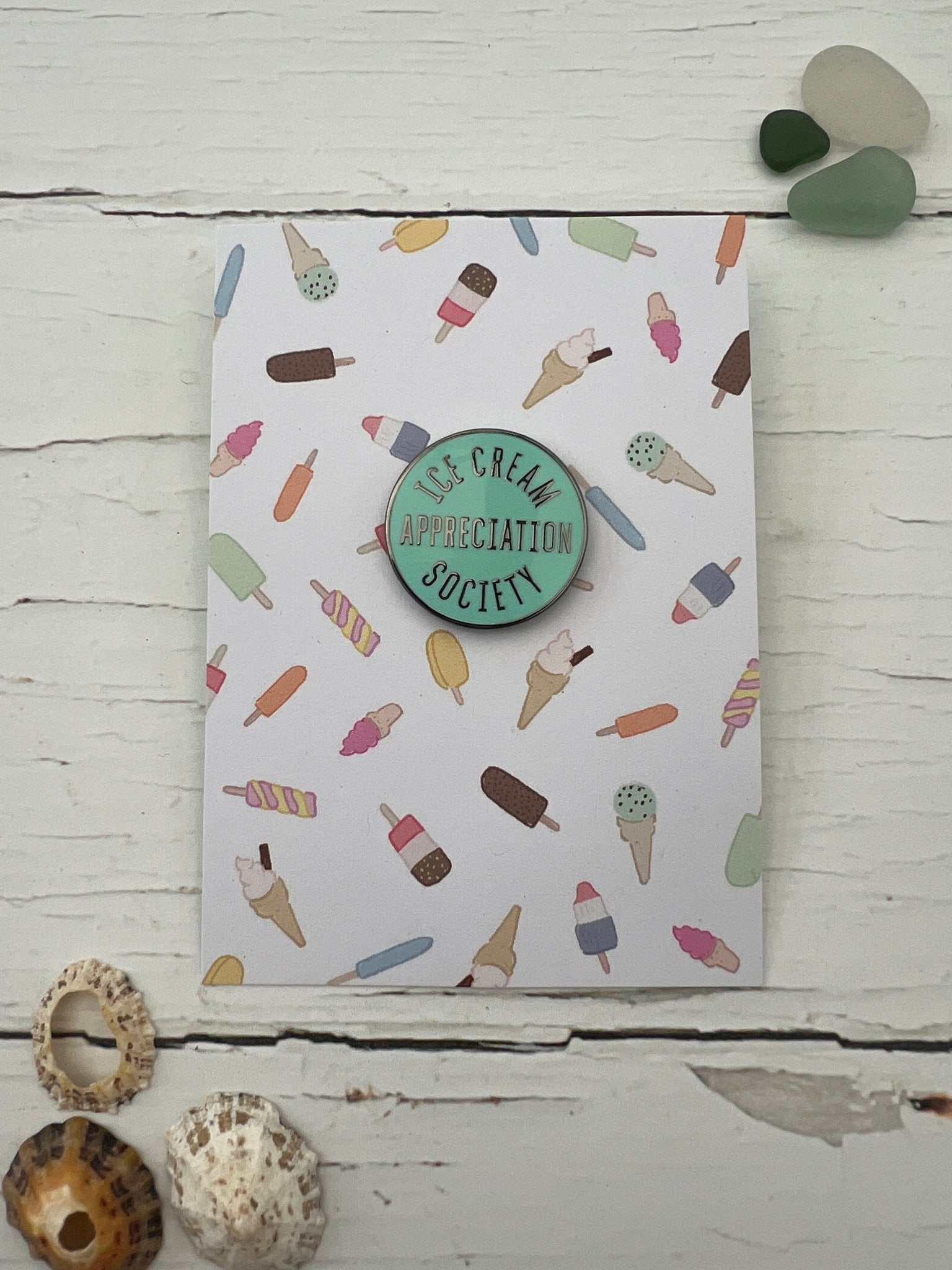 playful mint green pin badge with ice cream-themed card—handmade foodie brooch for dessert fans and collectors