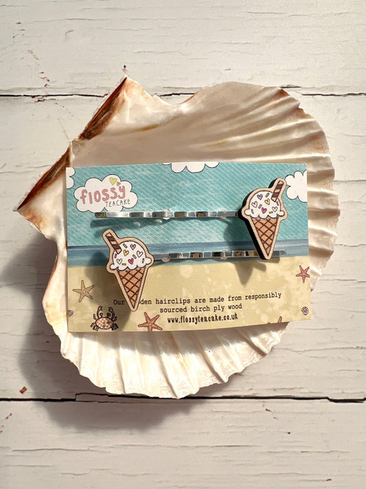 Ice Cream Cone Wooden Hairgrips - Readymoney Beach Shop