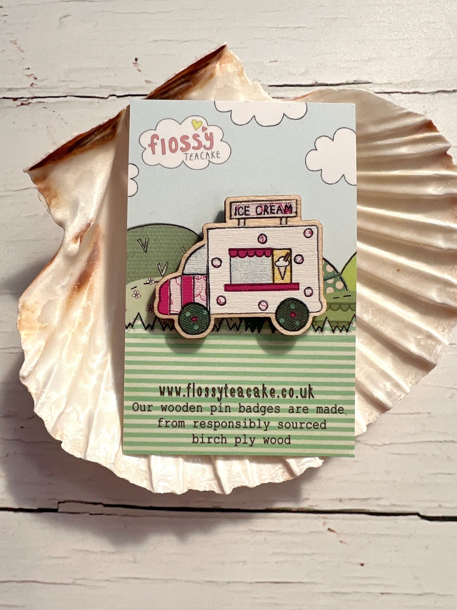 Ice Cream Van Wooden Pin Badge Brooch - Readymoney Beach Shop