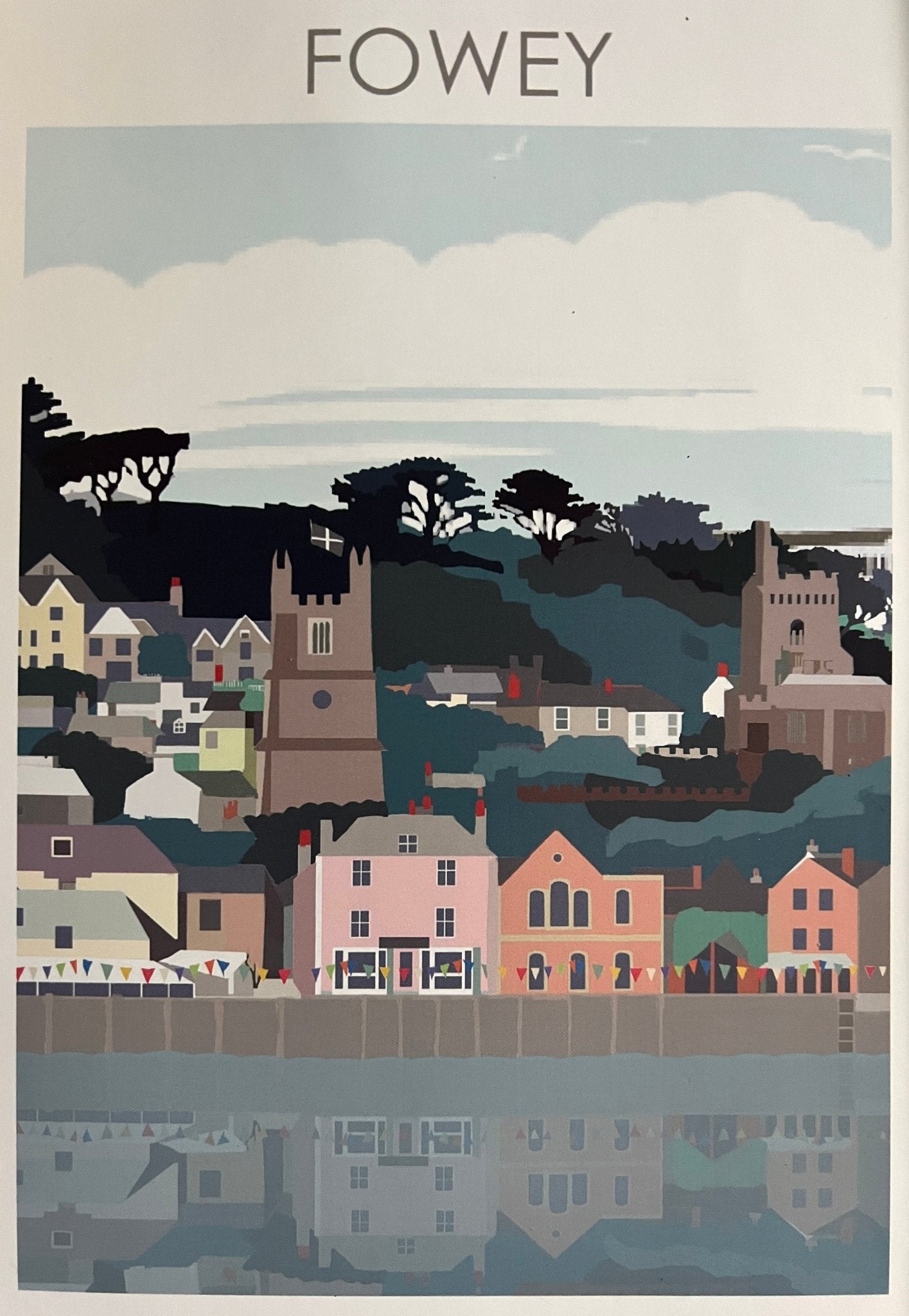 Fowey A3 art print—pastel coastal town illustration with bunting and reflections, ideal for seaside-inspired home decor