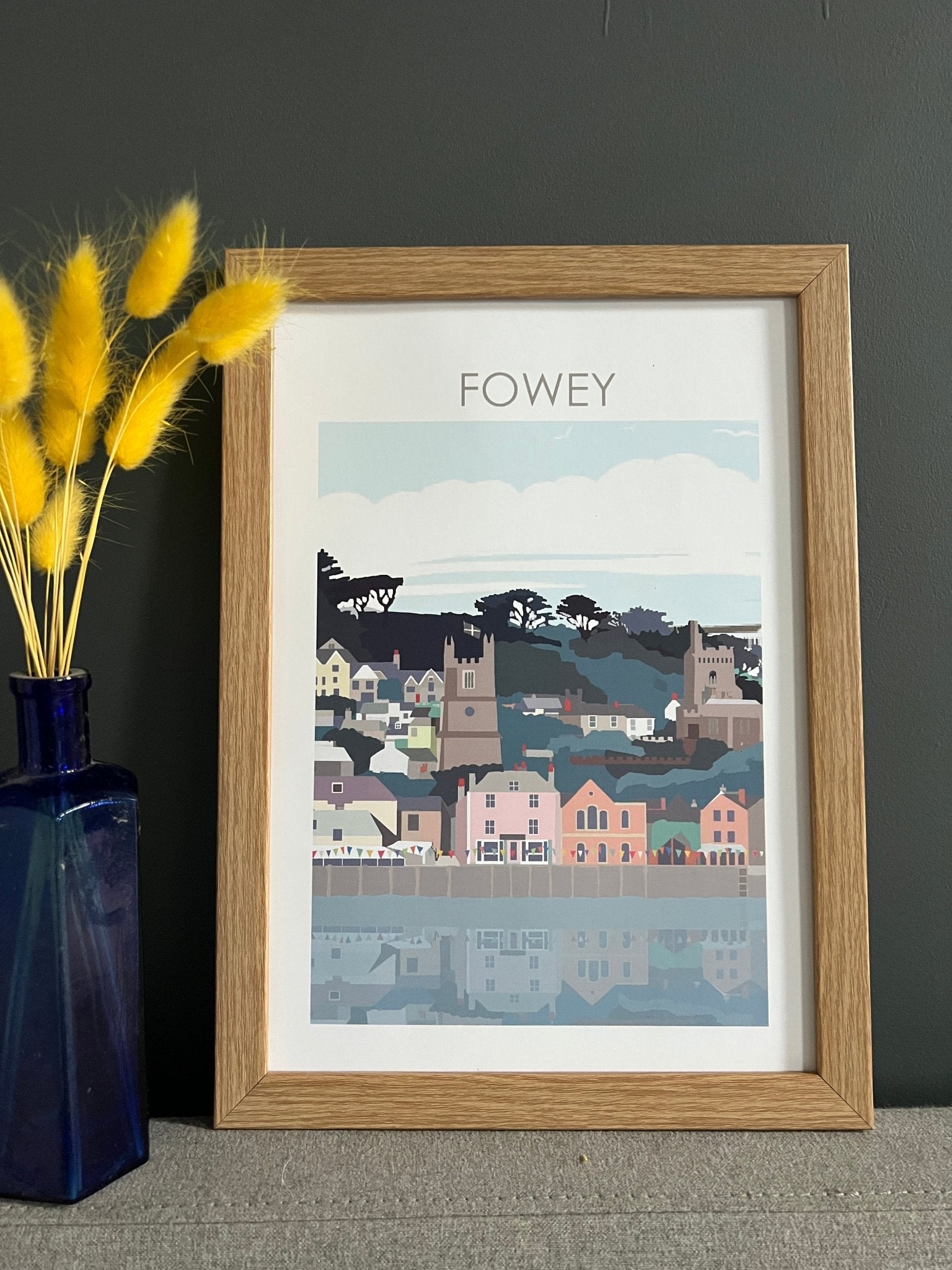 Fowey A4 art print—colorful coastal town illustration with waterfront reflections, perfect for seaside home decor