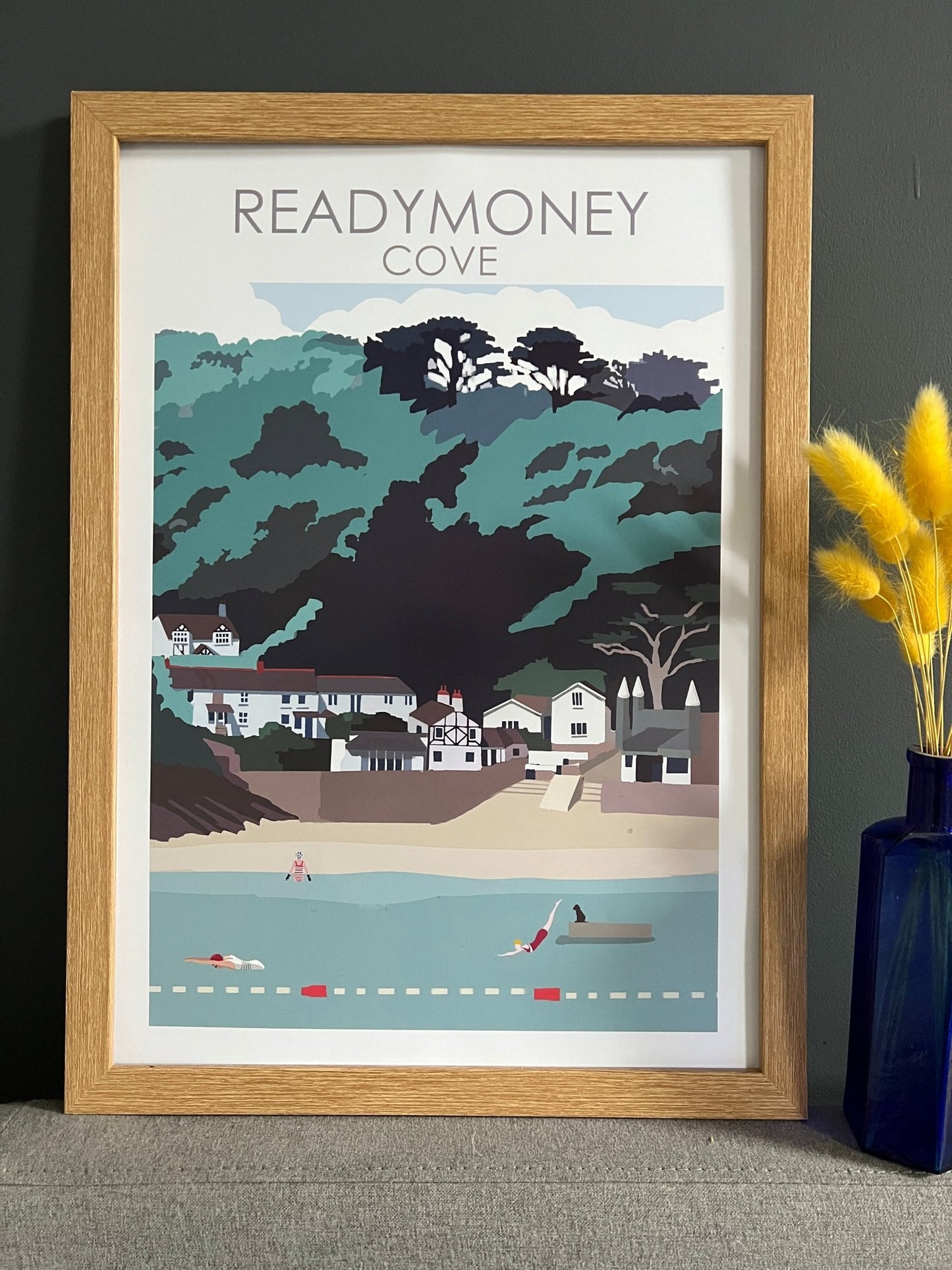 A4/A3 coastal art prints—Fowey harbor and beach scenes in vibrant illustrated style, perfect for seaside home decor