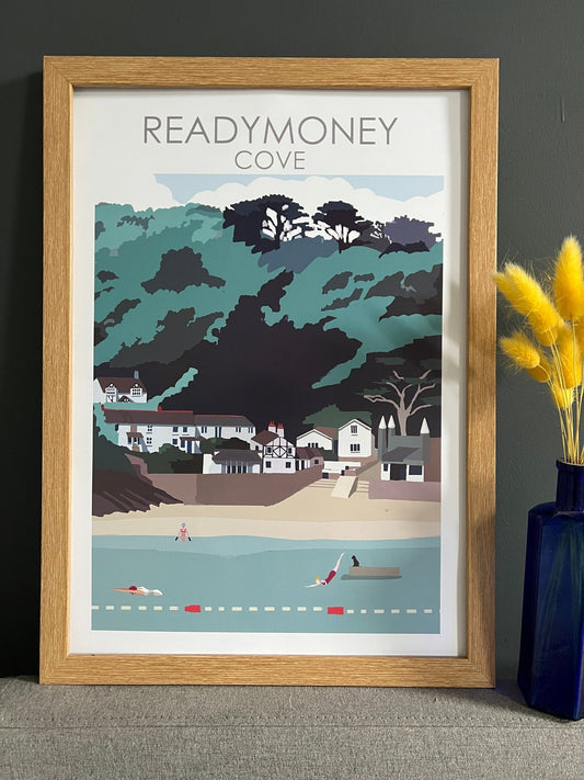 A4/A3 coastal art prints—Fowey harbor and beach scenes in vibrant illustrated style, perfect for seaside home decor