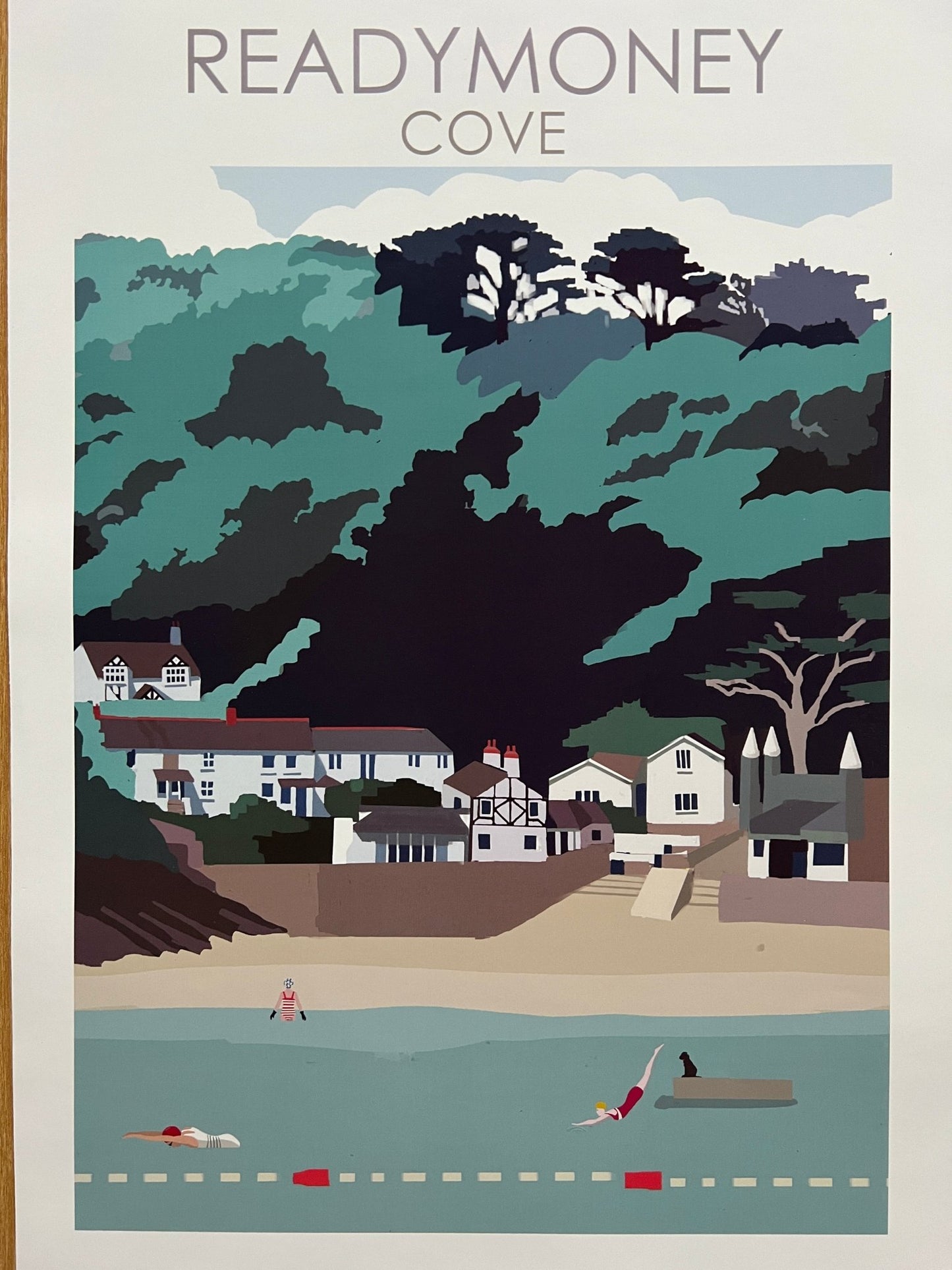 Readymoney Cove A4 art print—playful coastal scene with swimmers, dog, and beach charm for seaside home decor