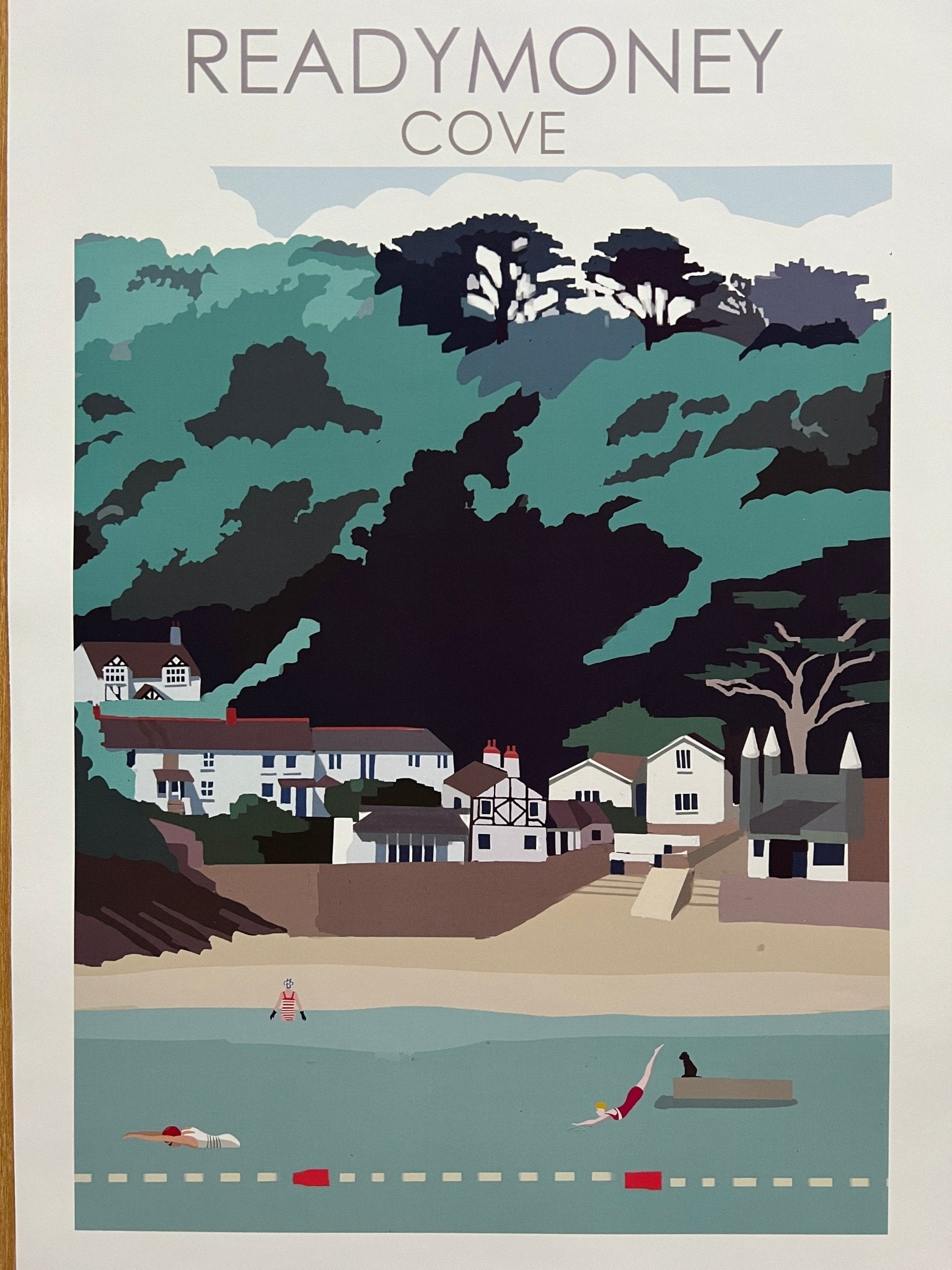 Readymoney Cove A4 art print—playful coastal scene with swimmers, dog, and beach charm for seaside home decor