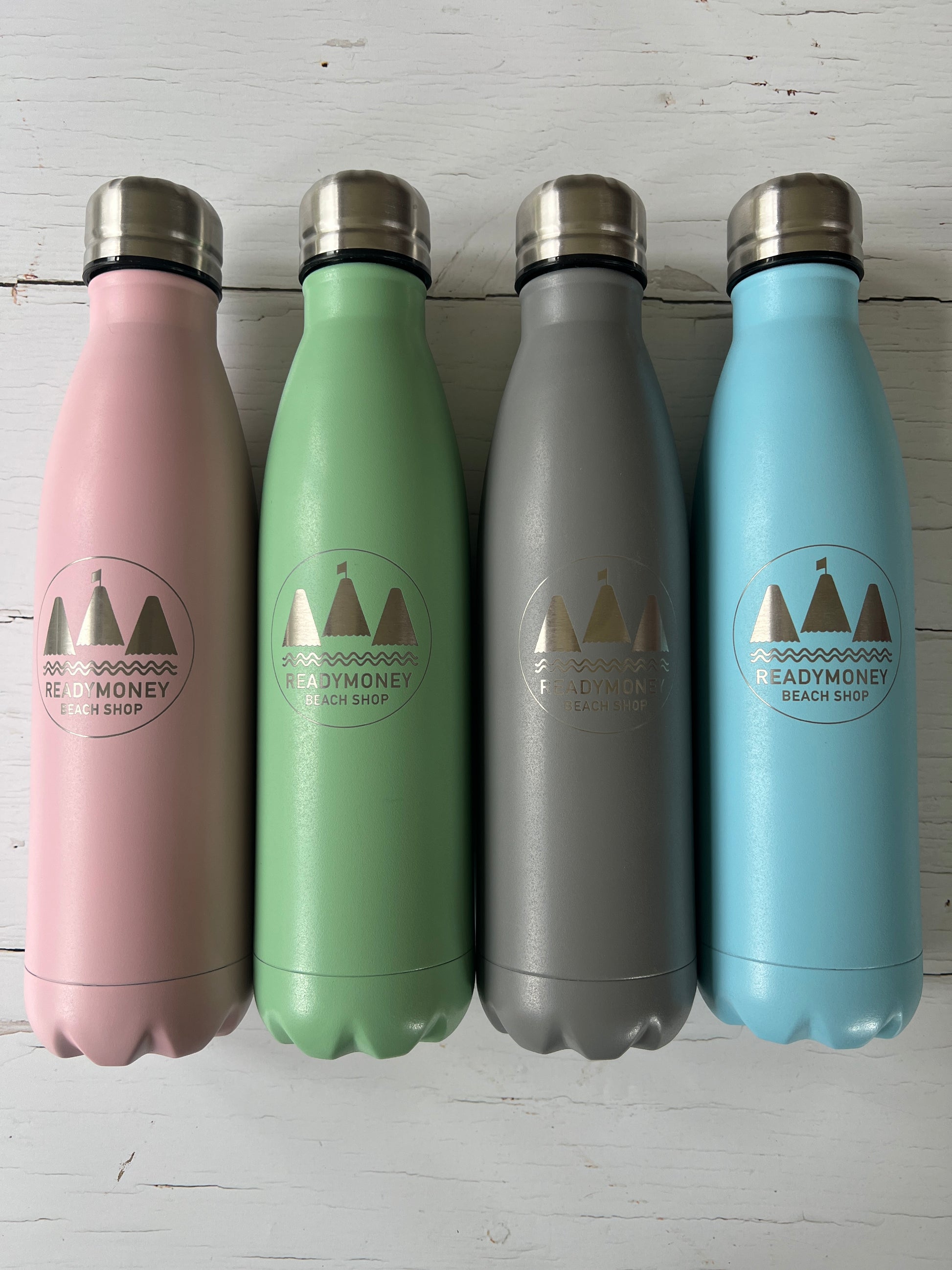 Four Readymoney Beach Shop Water bottles, pink, green, grey and blue