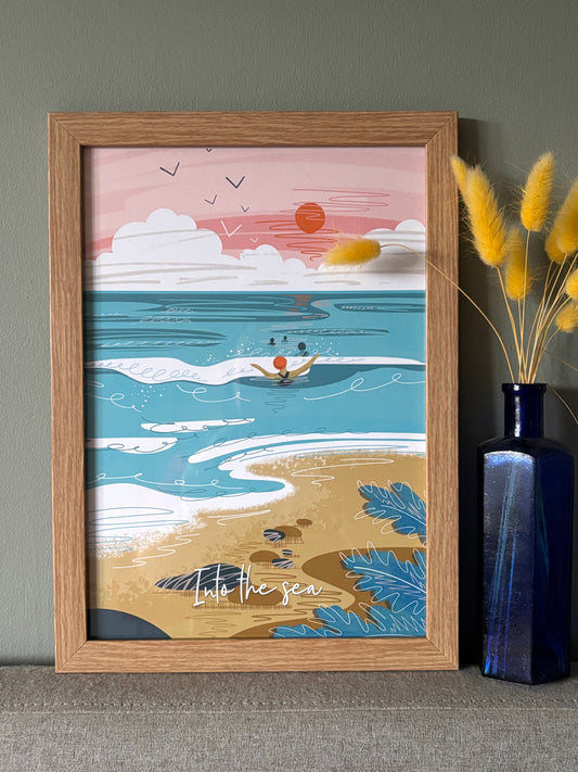 a4 coastal art print with swimmer, waves, and sunset—handmade seaside wall decor for ocean lovers and beach homes