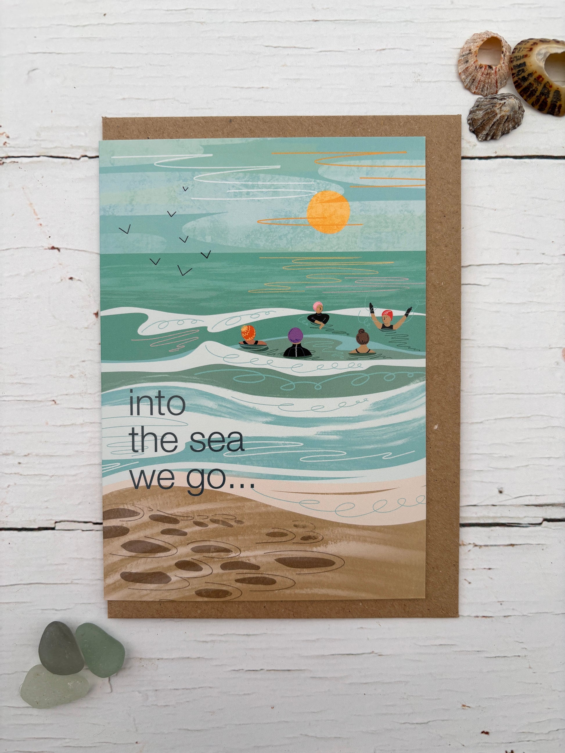 greeting card with swimmers in ocean waves—handmade coastal stationery, summer-themed gift for beach lovers