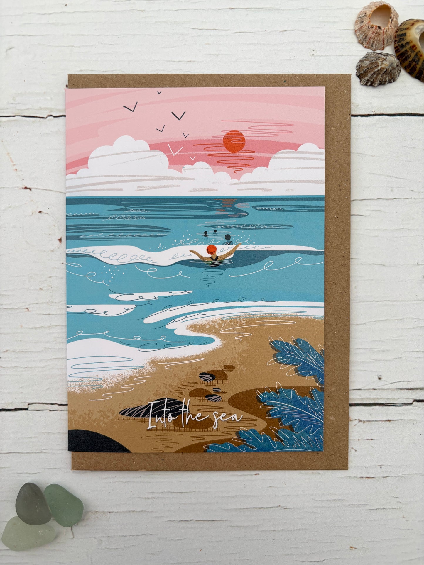 greeting card with swimmer in ocean scene—handmade coastal stationery, summer-themed gift for beach lovers