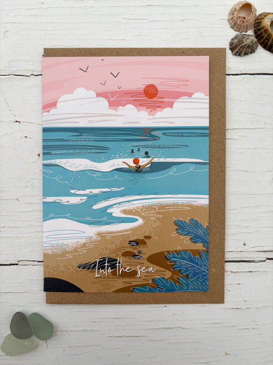 greeting card with swimmer in ocean scene—handmade coastal stationery, summer-themed gift for beach lovers