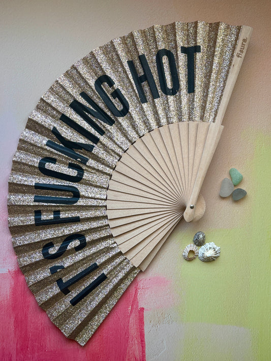 "It's Fucking Hot' Gold Glitter Folding Fan