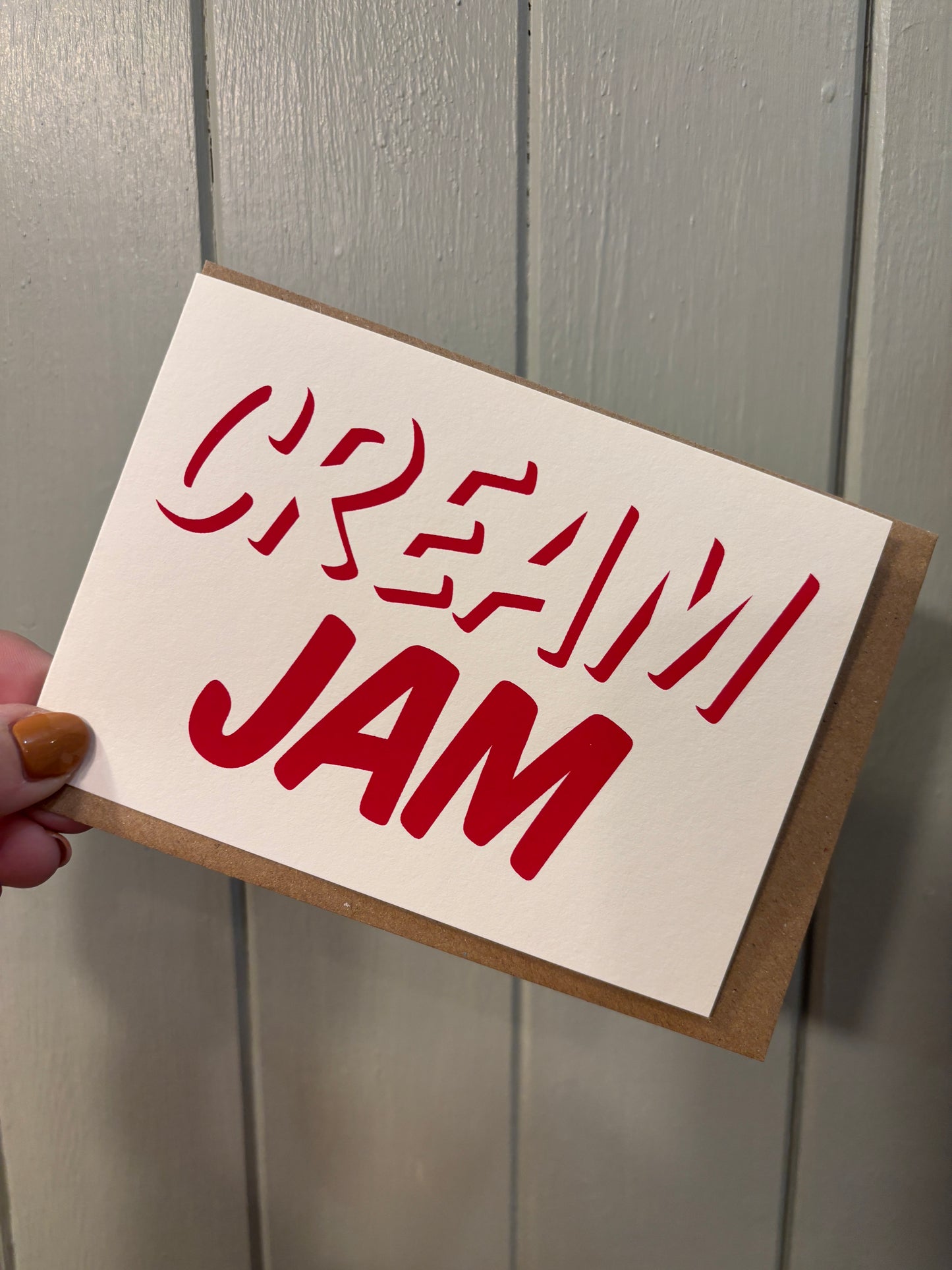 bold red “CREAM JAM” greeting card—handmade minimalist design, playful foodie gift for cream tea lovers